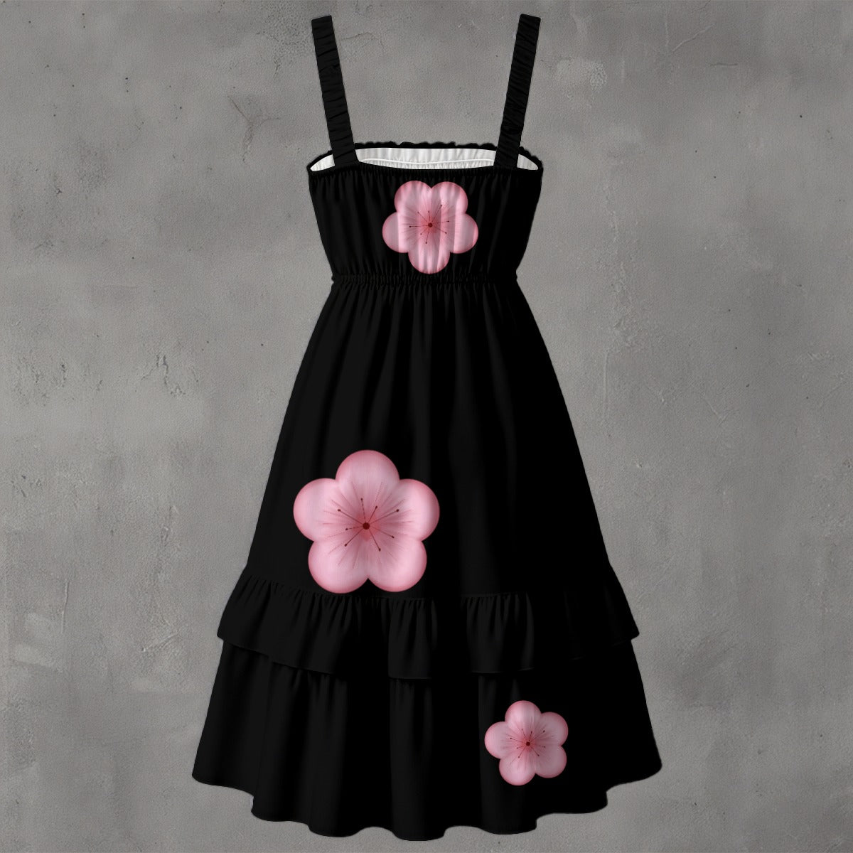 Plum Blossoms - Ruffle Hem Dress - Black