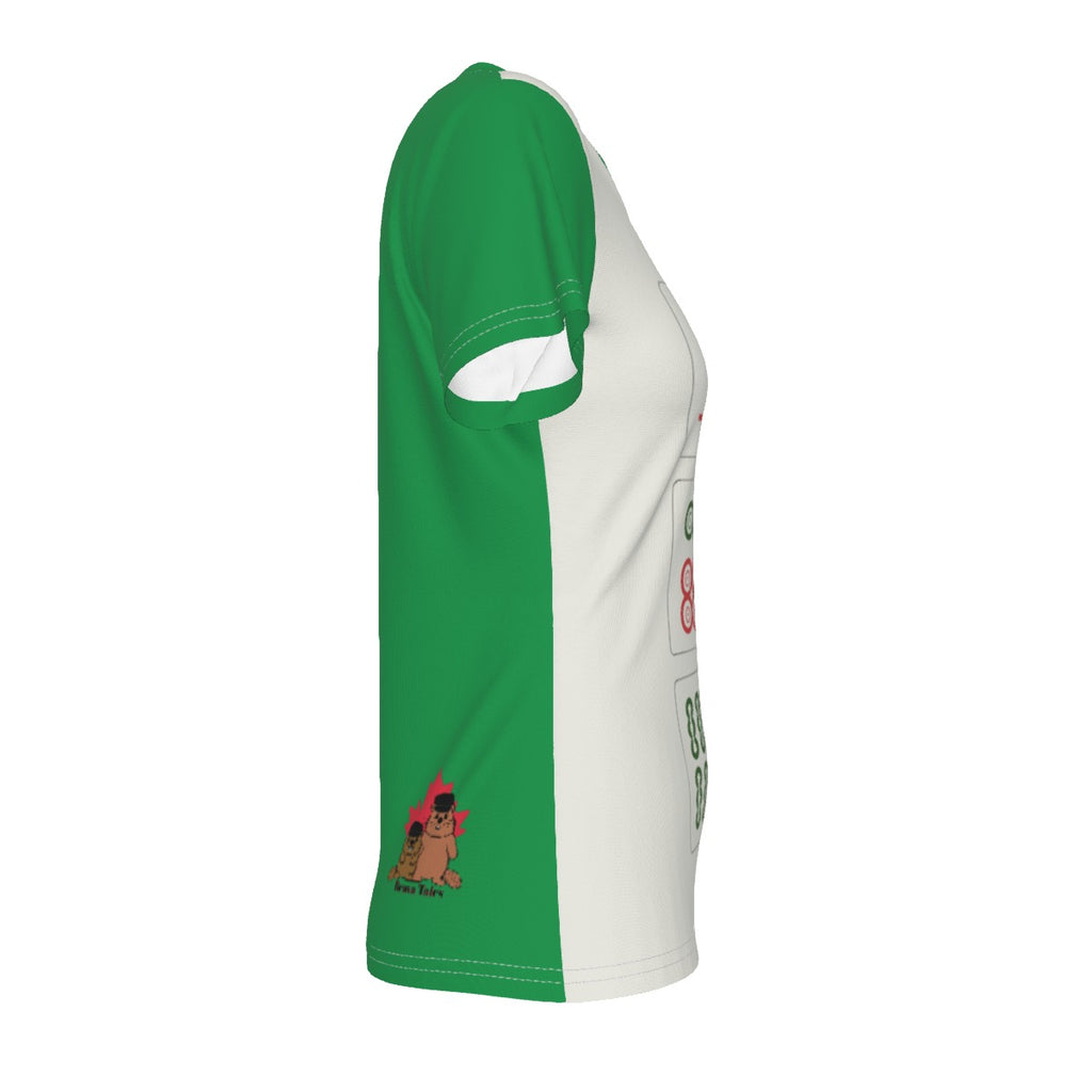 Mahjong 6 7 - v neck tee - white and green