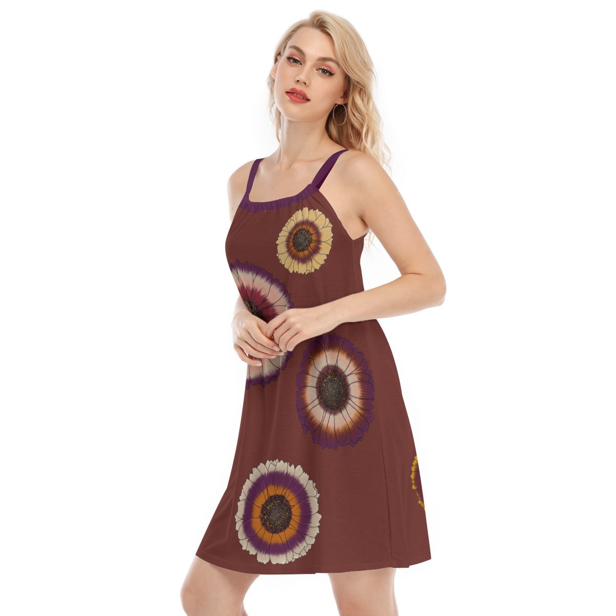 Multi Flower - sleeveless tank cami dress - russet and purple