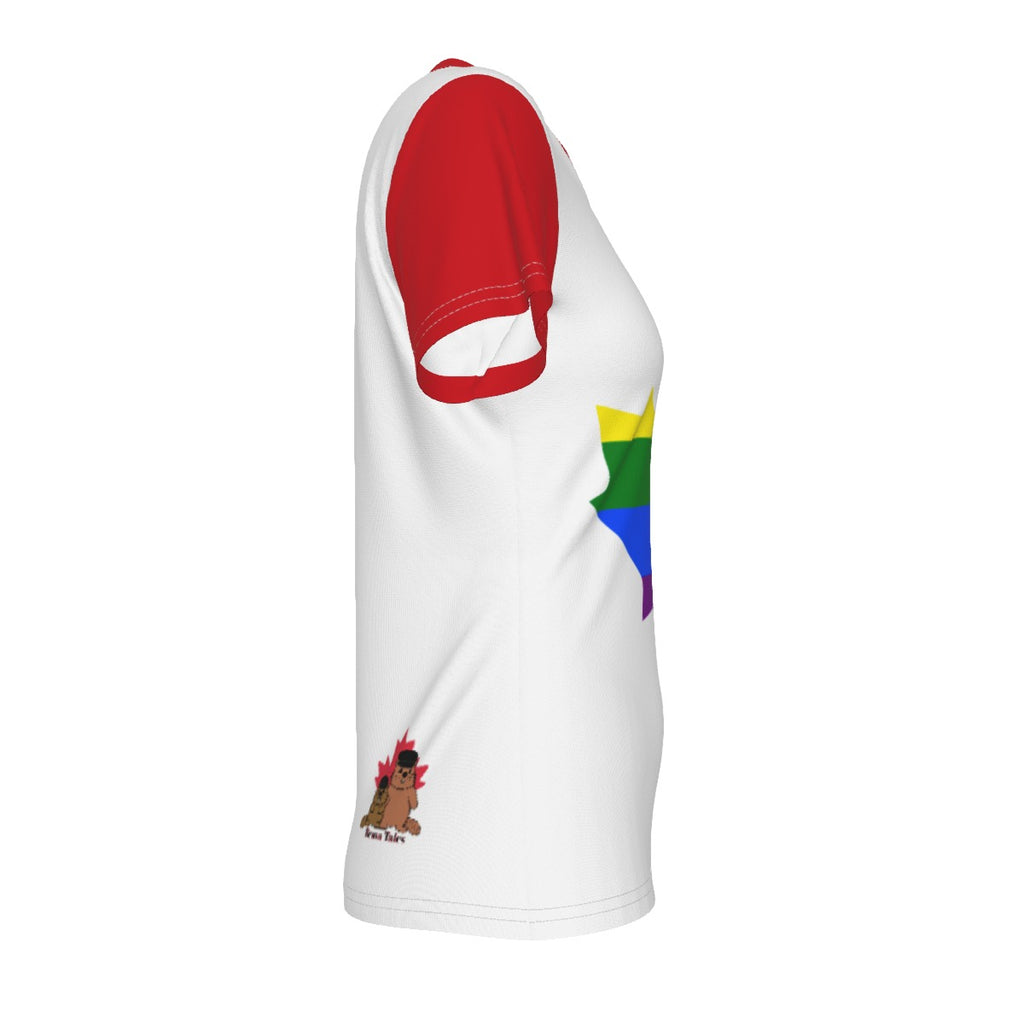 Pride Maple Leaf - Rainbow - v neck tee - white with red