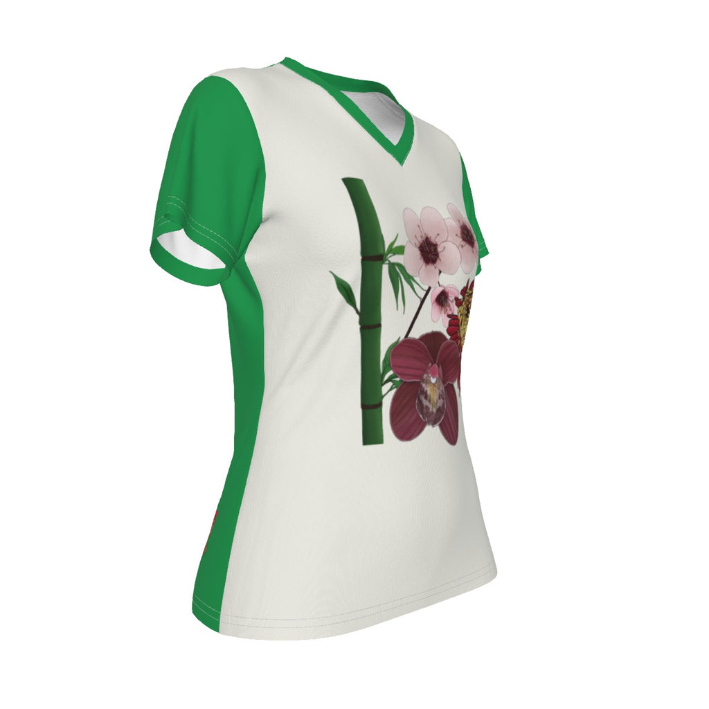 The Four Mahjong Flowers - white/green - V neck tee