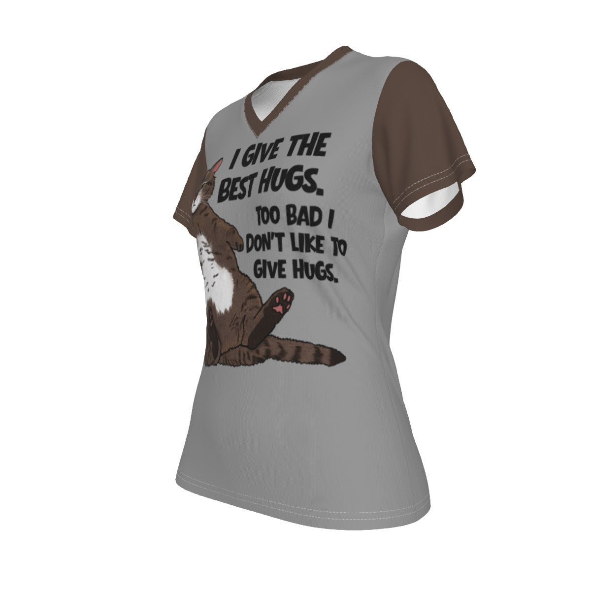 Jeffy Cat - V neck tee - grey and brown