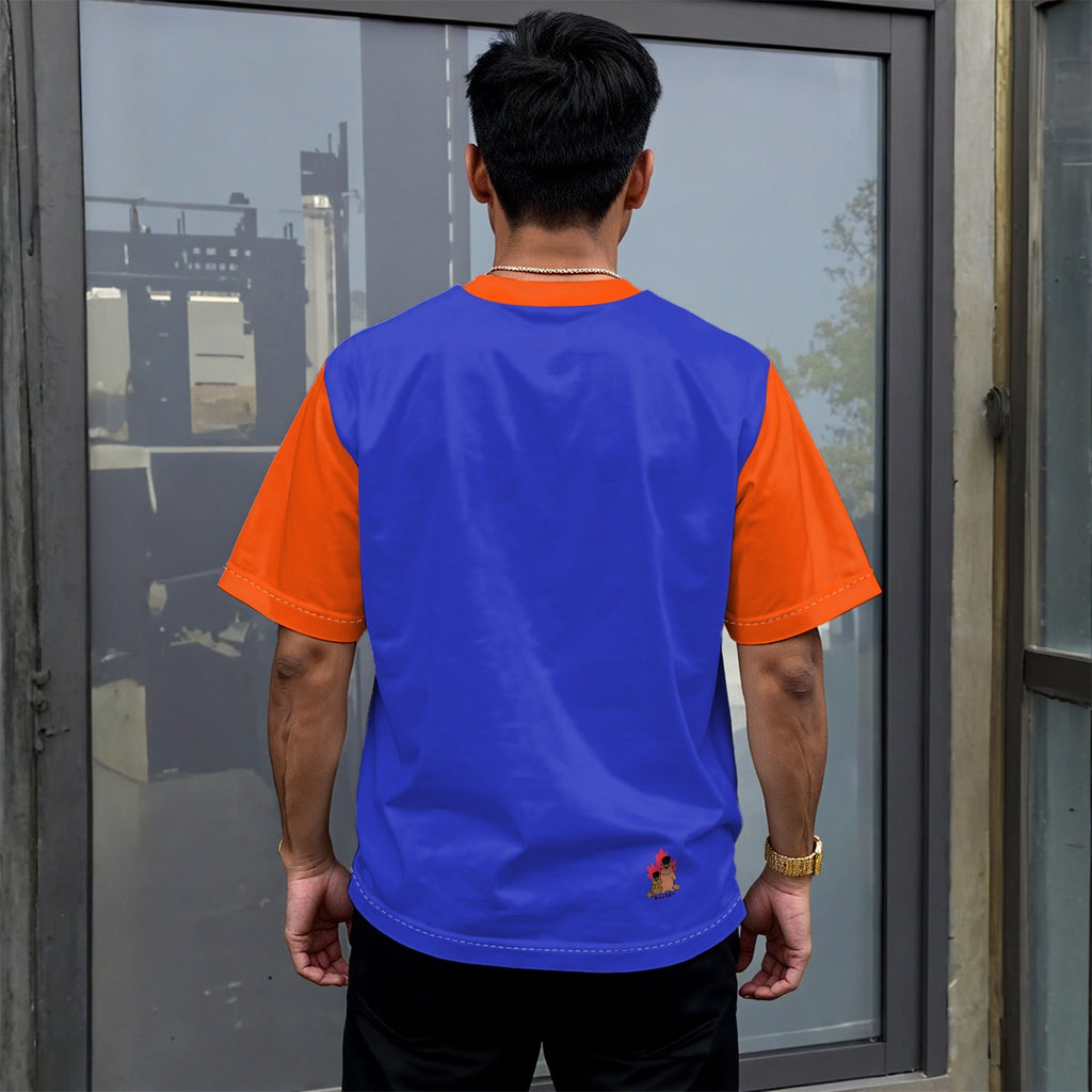 Panic at the Desko - Unisex drop shoulder tee - blue and orange