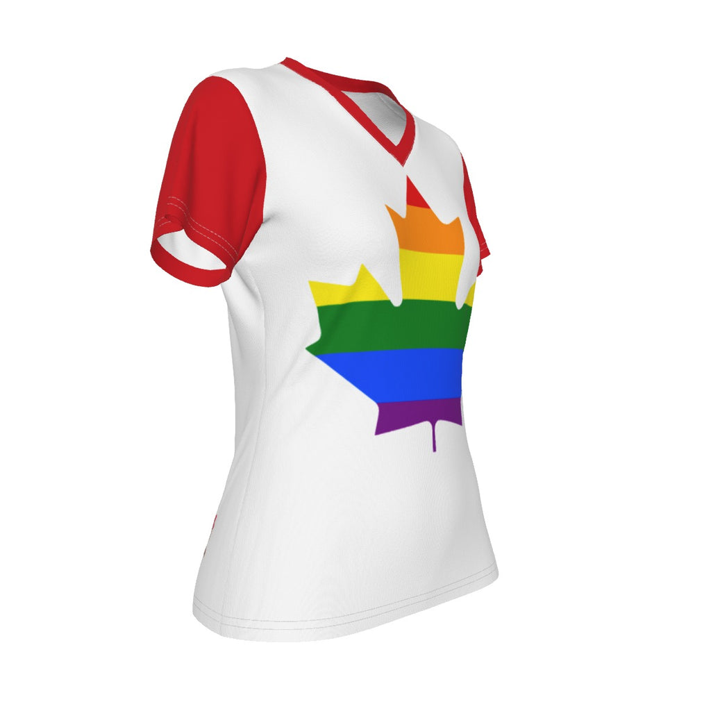 Pride Maple Leaf - Rainbow - v neck tee - white with red