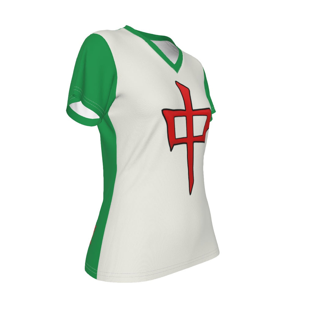 Mahjong - zhong - v neck tee - white and green
