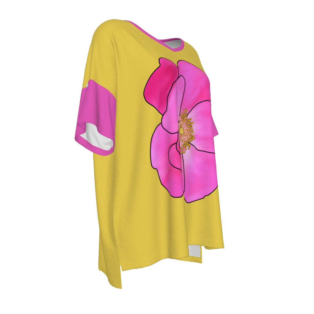 Alberta Primrose - drop shoulder tee - yellow with pink