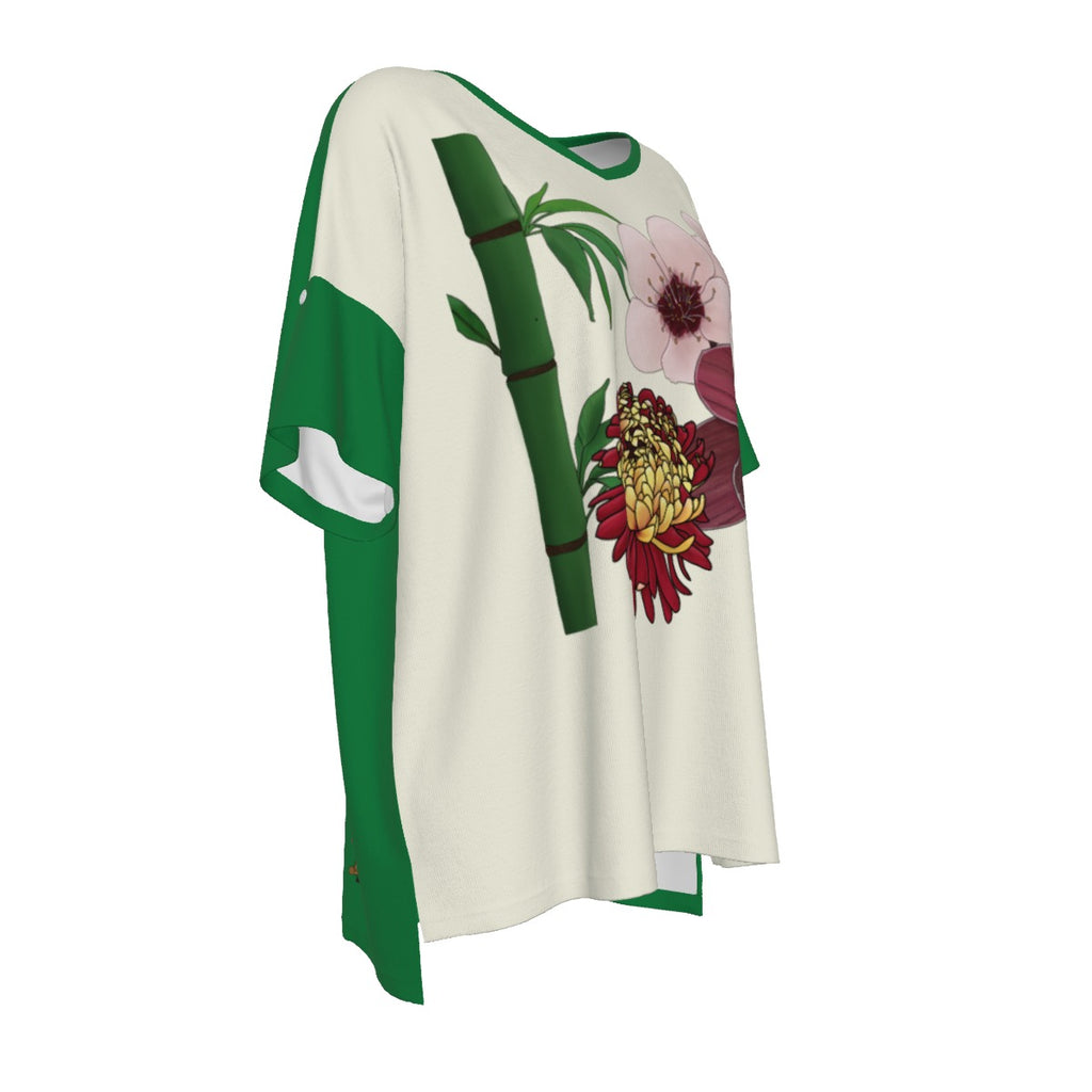 Mahjong Flowers - drop shoulder tee - ivorygreen