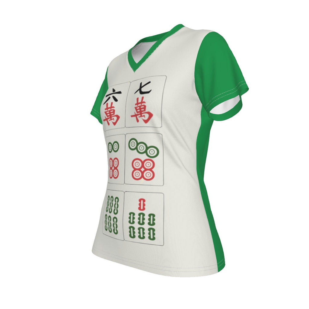 Mahjong 6 7 - v neck tee - white and green