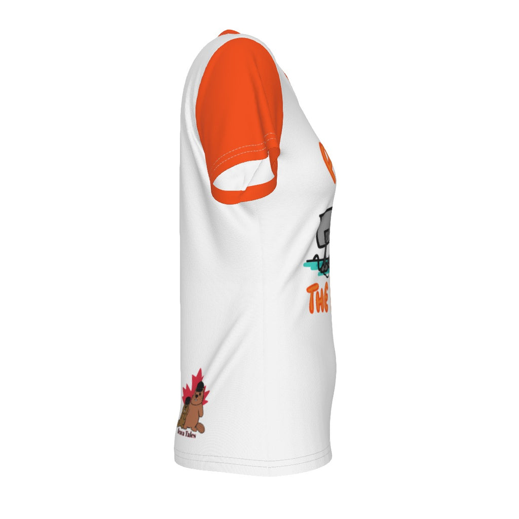 Panic at the Desk-o- v neck tee - white w/ orange