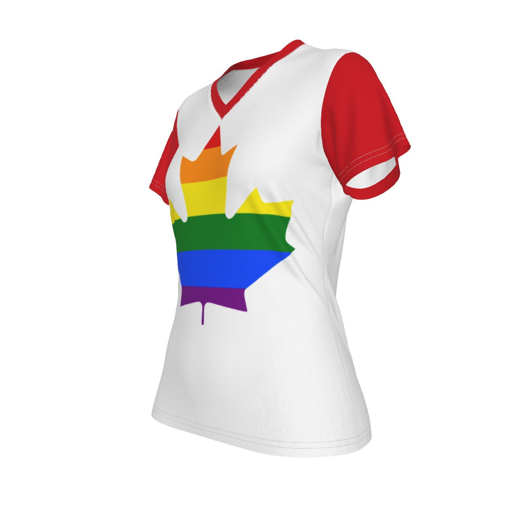 Pride Maple Leaf - Rainbow - v neck tee - white with red