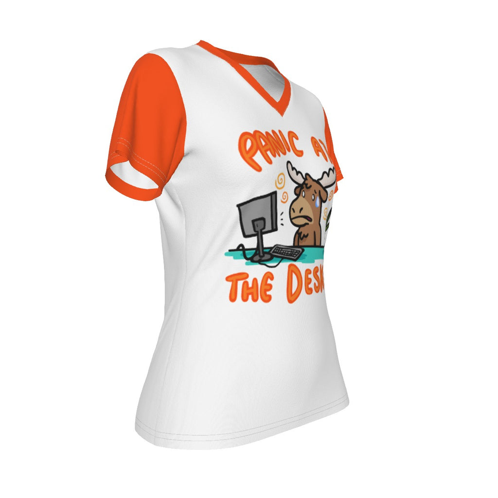Panic at the Desk-o- v neck tee - white w/ orange