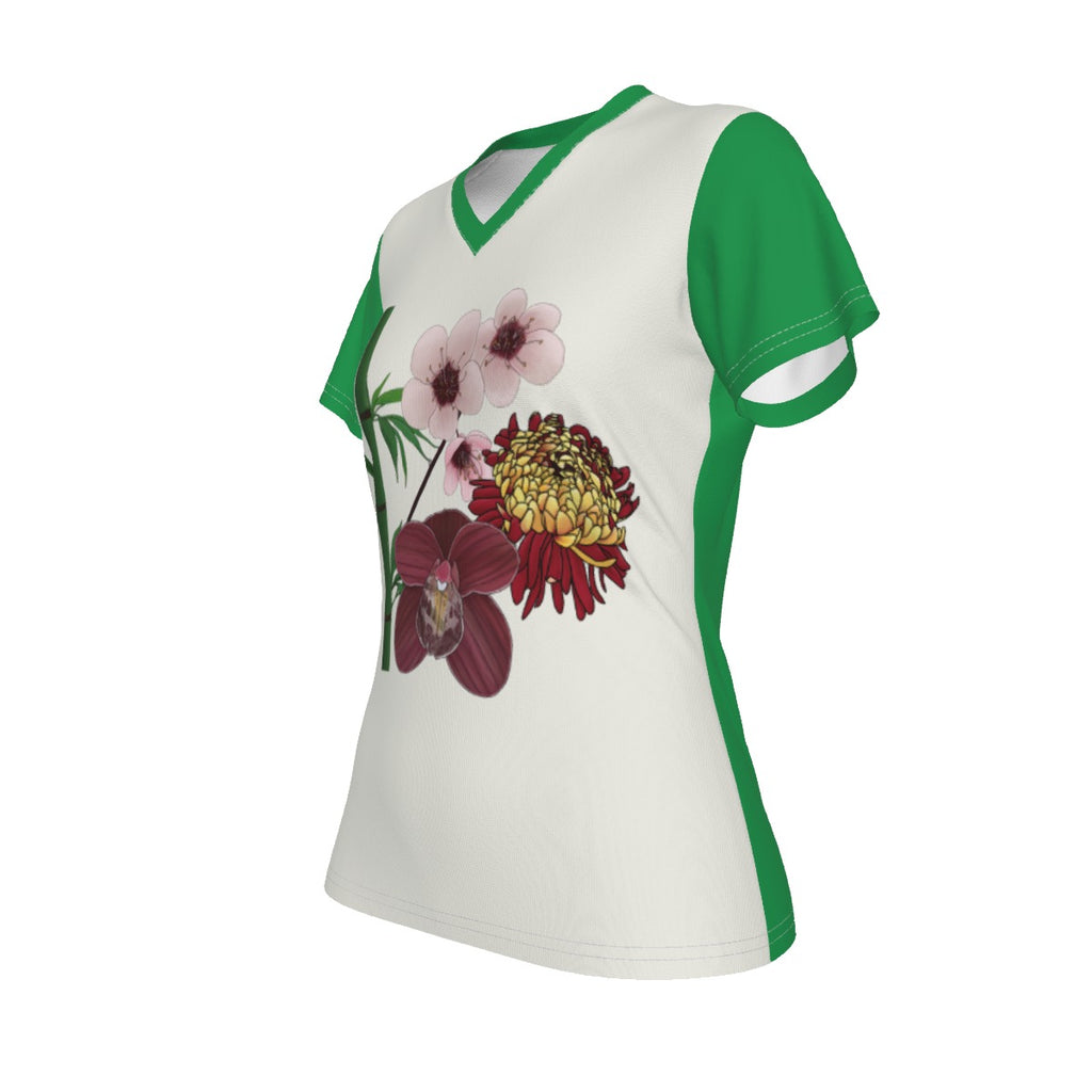 The Four Mahjong Flowers - white/green - V neck tee