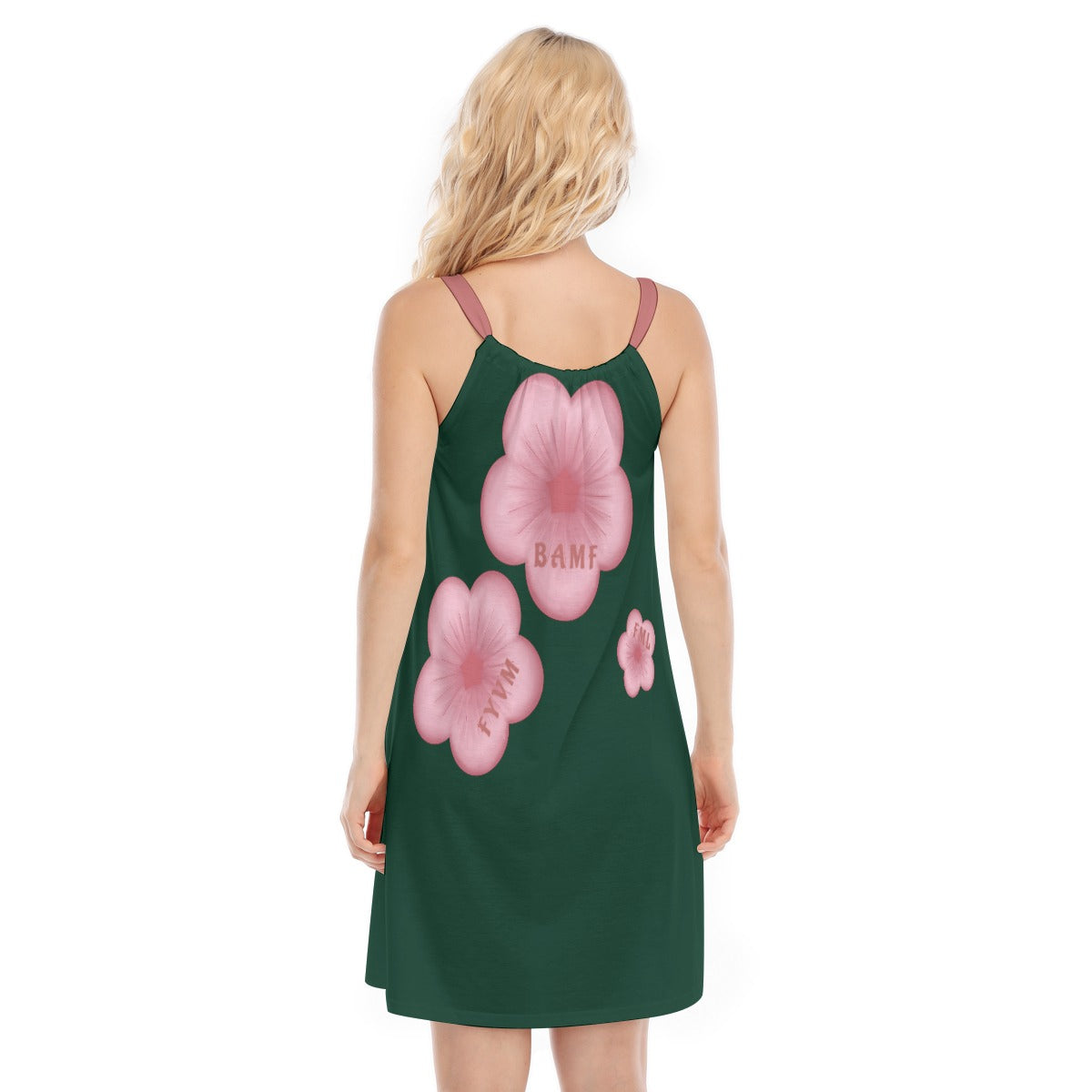 Plum Blossoms - Expletive - O neck cami dress - dark green with pink