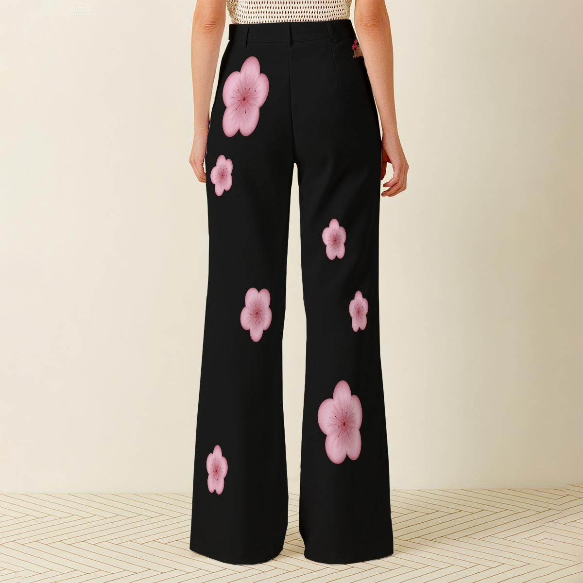 Plum Blossoms - Wide Leg Pants - Black