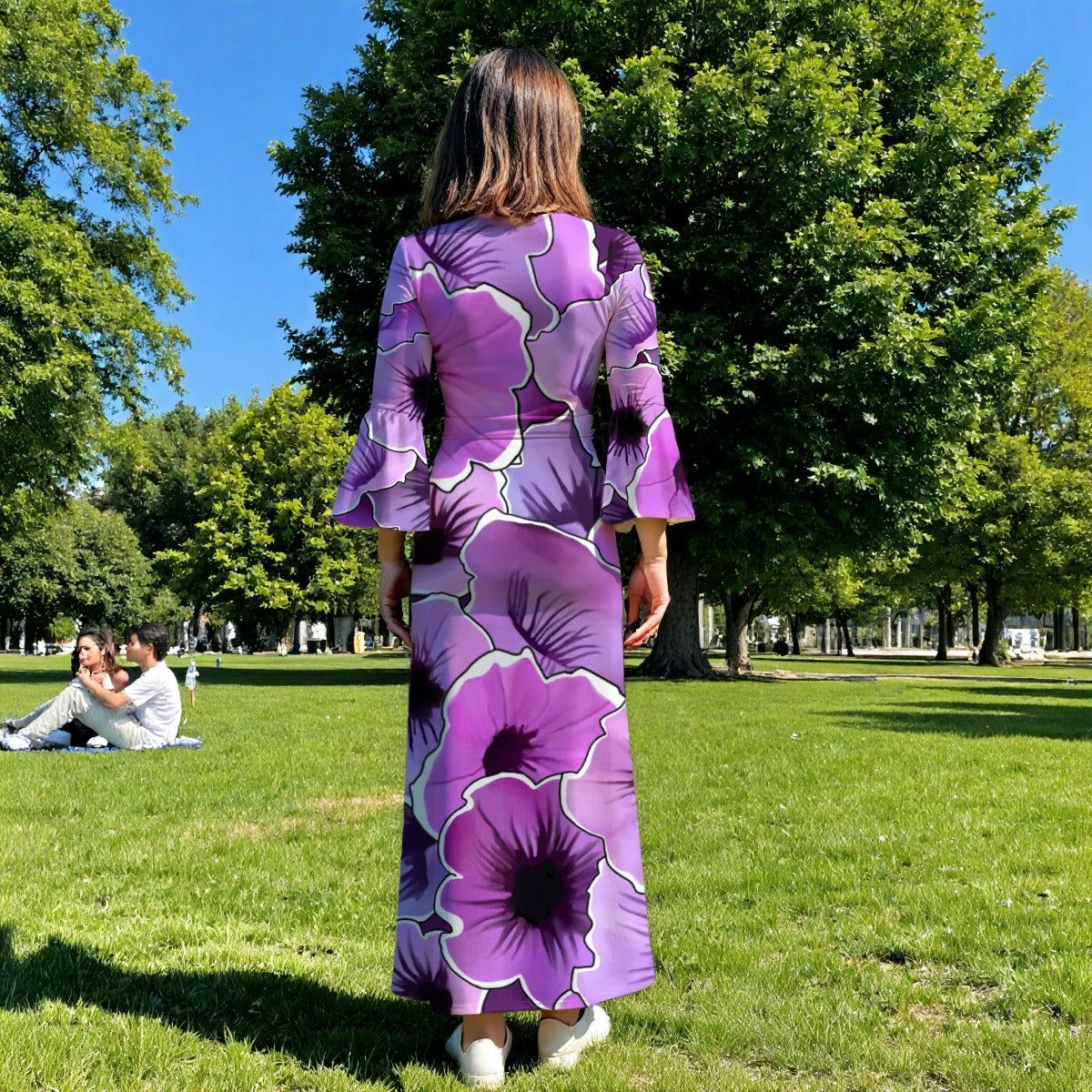 Purple Toned Flowers - V Neck Long Sleeve Maxi Dress