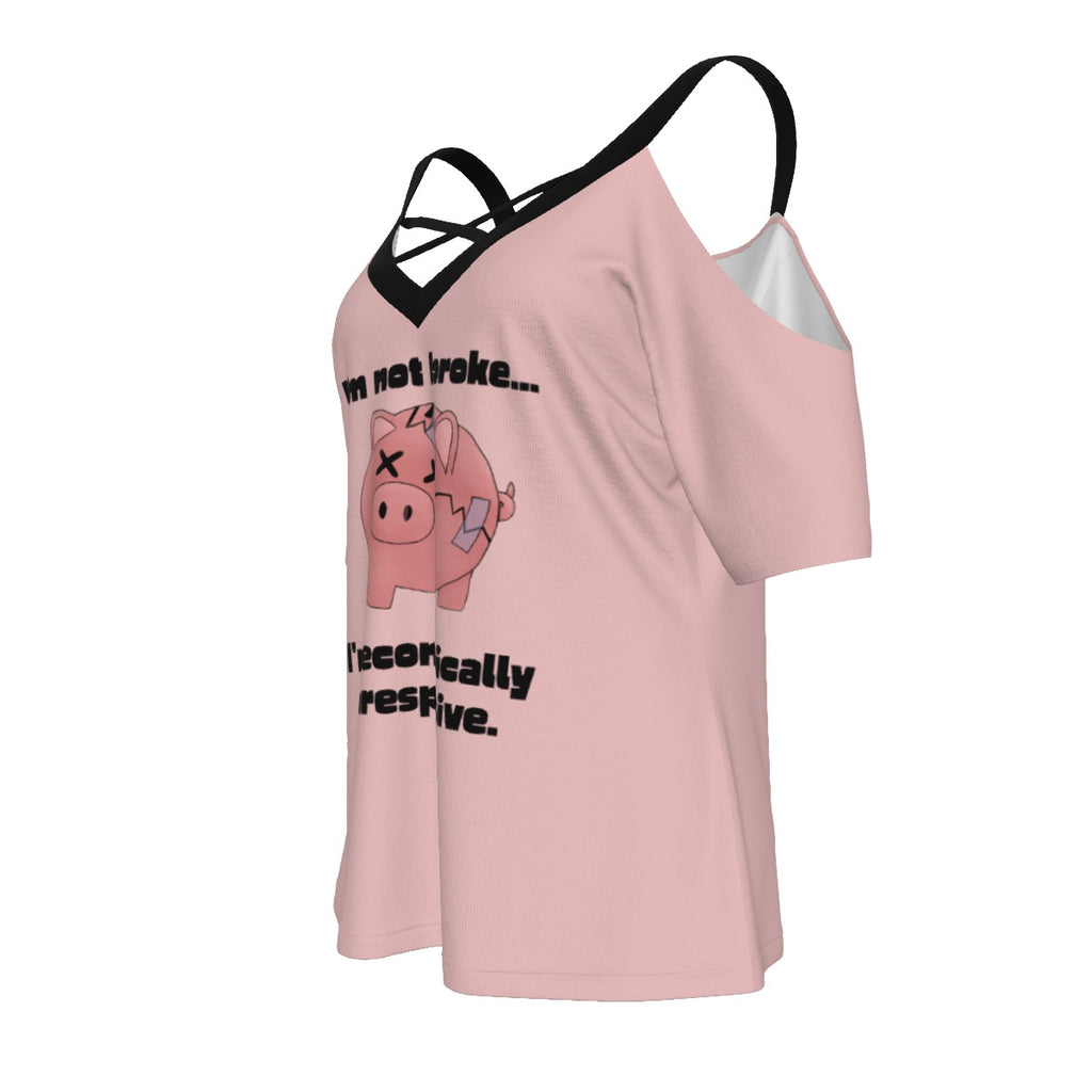 Piggy Bank - cold shoulder tee - pink and black