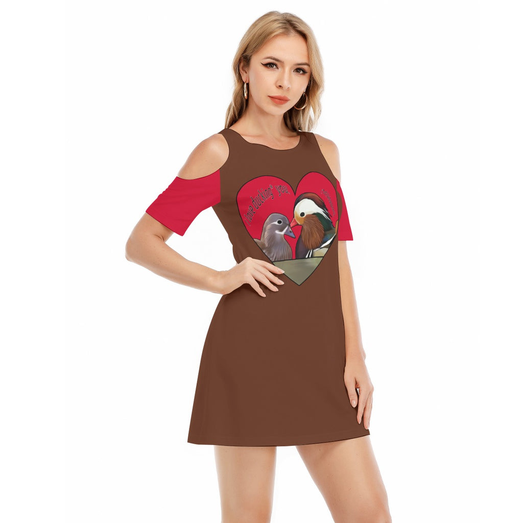 Ducking - could shoulder dress - brown and red