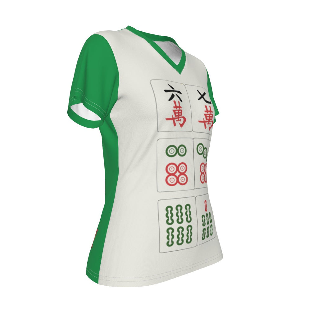 Mahjong 6 7 - v neck tee - white and green