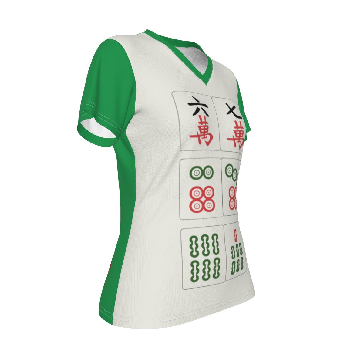 Mahjong 6 7 - v neck tee - white and green