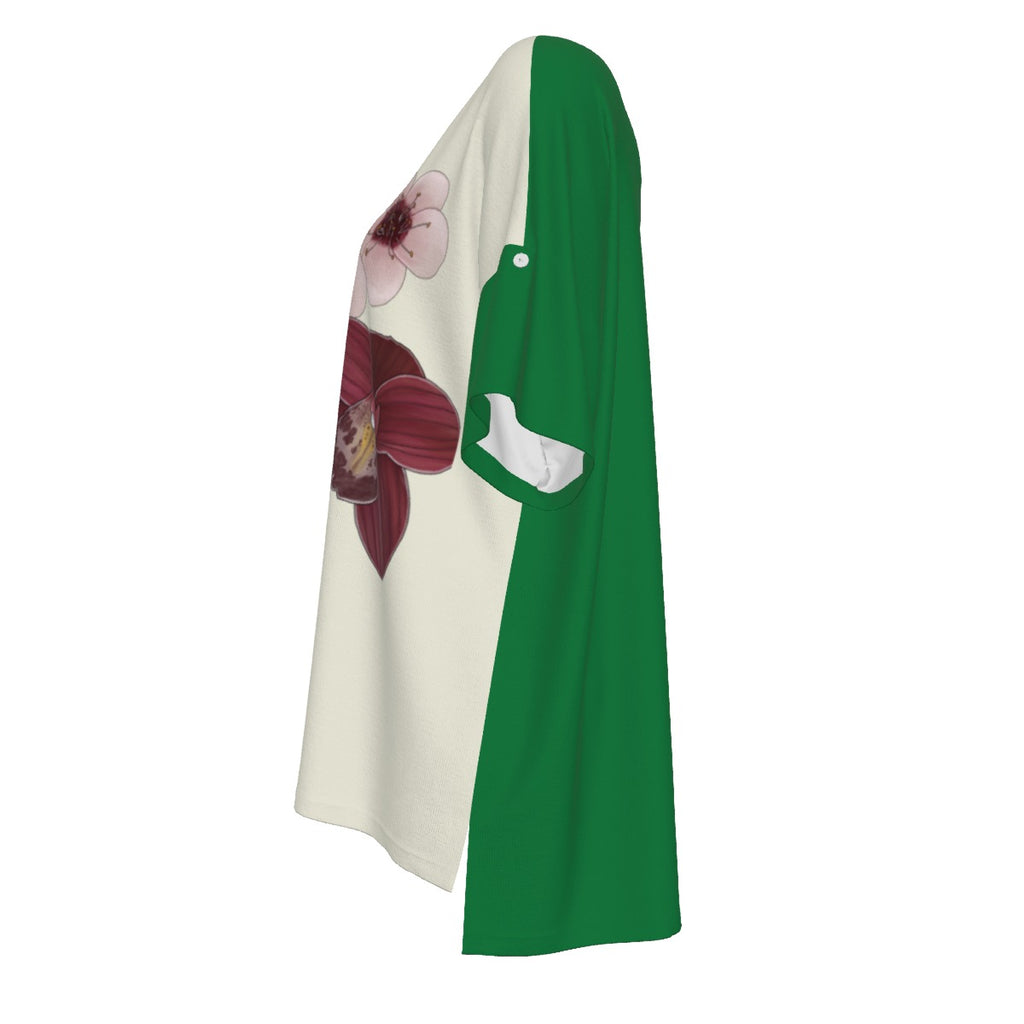 Mahjong Flowers - drop shoulder tee - ivorygreen