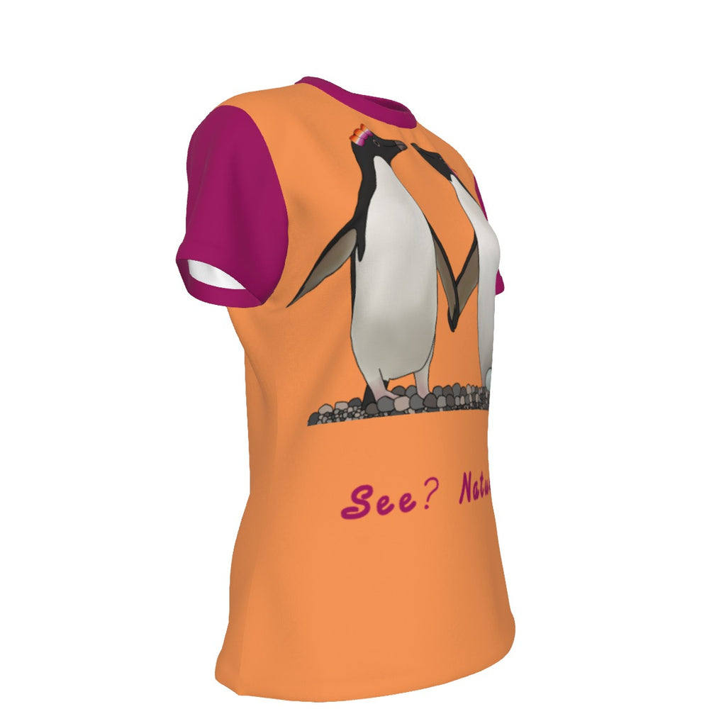 Penguins - lesbian - round neck tee - orange magenta