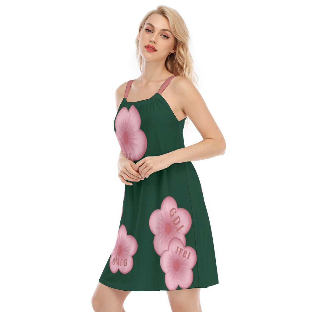 Plum Blossoms - Expletive - O neck cami dress - dark green with pink