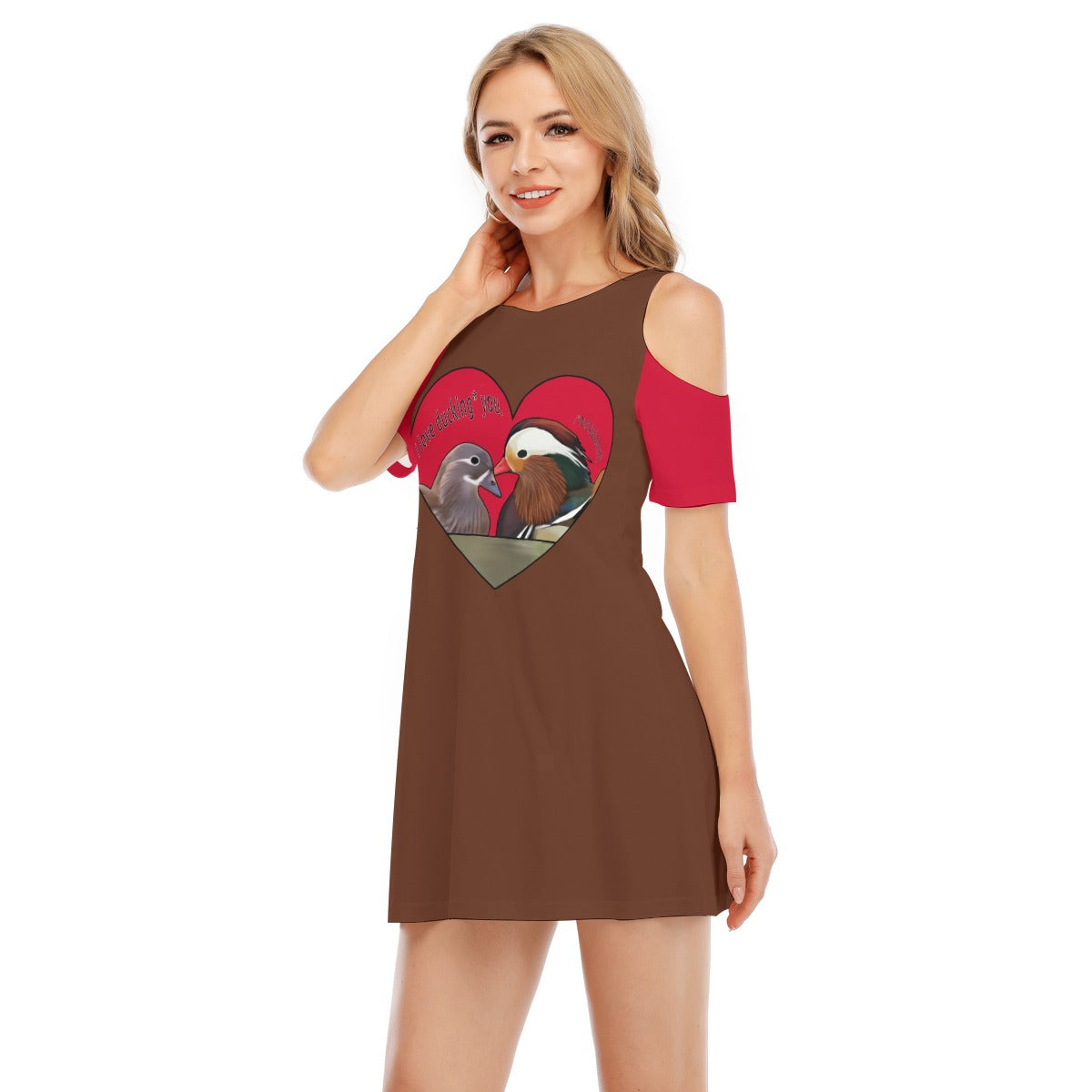 Ducking - could shoulder dress - brown and red
