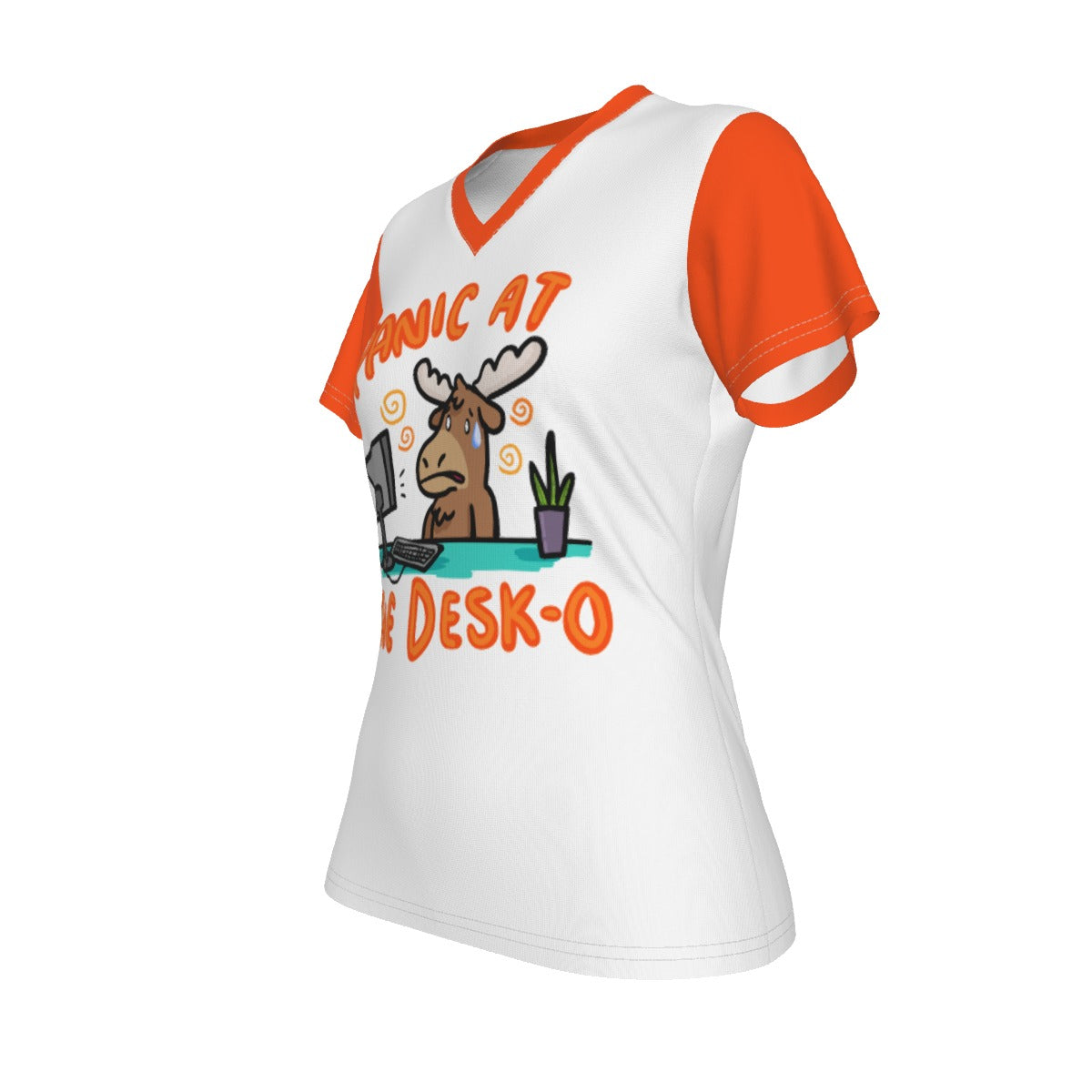 Panic at the Desk-o- v neck tee - white w/ orange