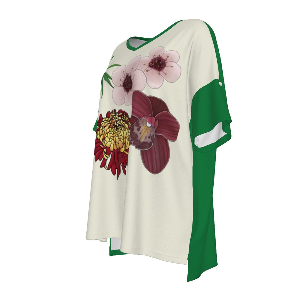Mahjong Flowers - drop shoulder tee - ivorygreen