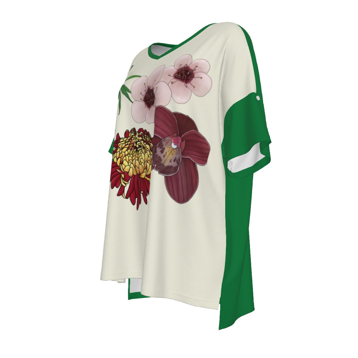 Mahjong Flowers - drop shoulder tee - ivorygreen