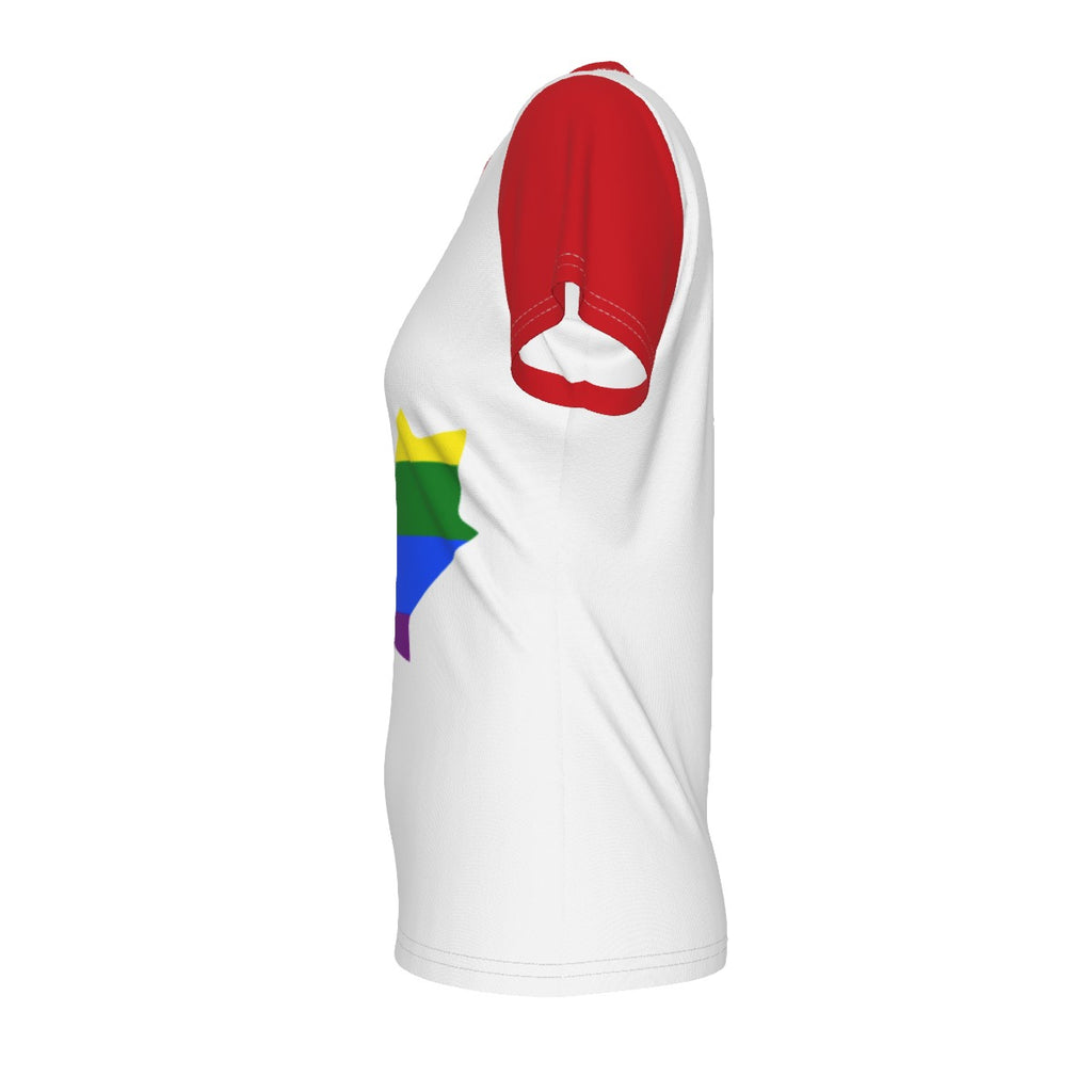 Pride Maple Leaf - Rainbow - v neck tee - white with red