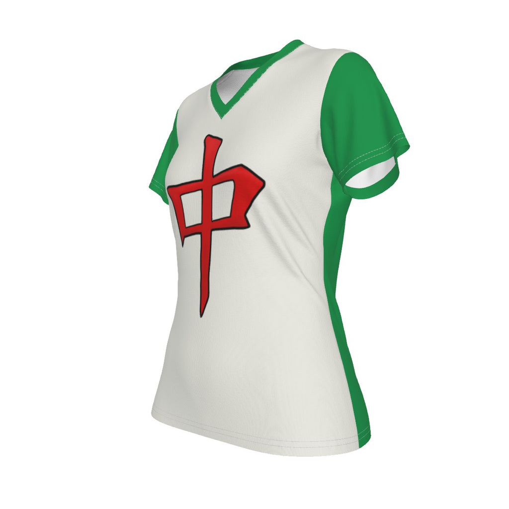 Mahjong - zhong - v neck tee - white and green