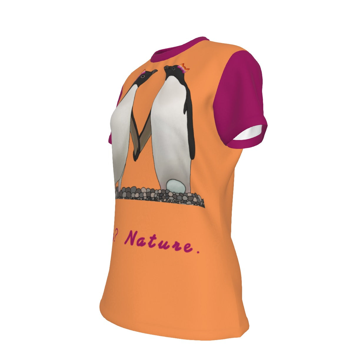 Penguins - lesbian - round neck tee - orange magenta